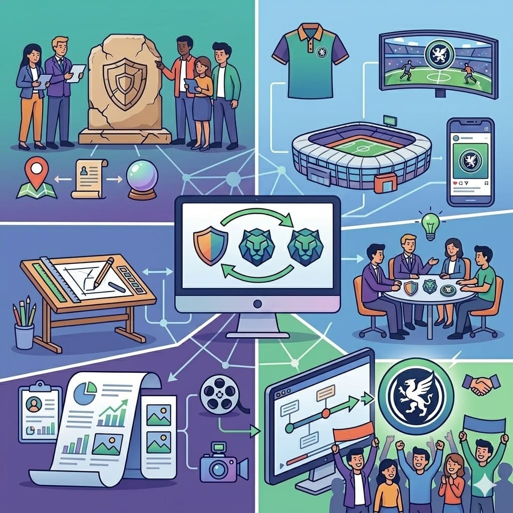 Illustration du processus de refonte d'identité visuelle d'un club sportif, du diagnostic au déploiement